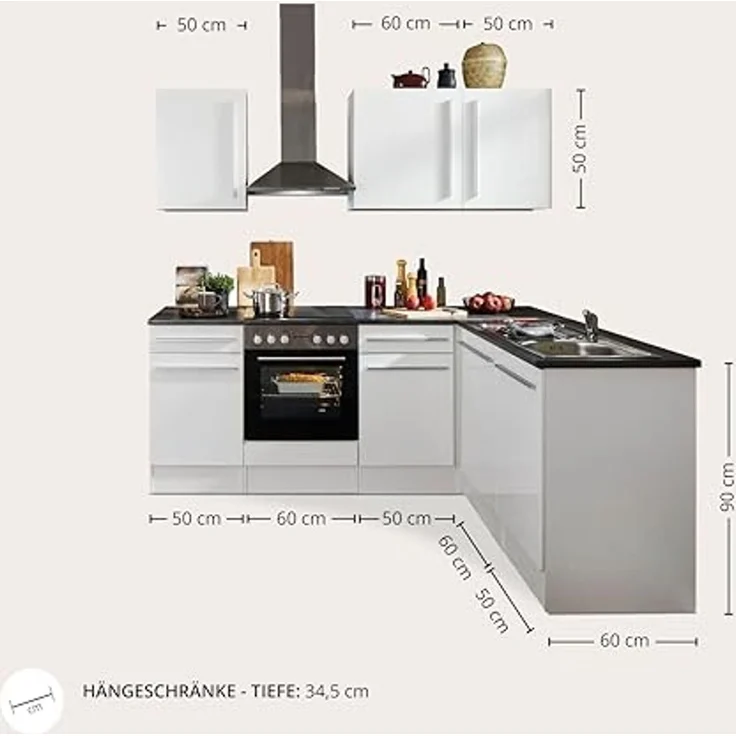 Jazz 8 Moderne Eckküche ohne Elektrogeräte in Weiß Hochglanz, Metallic Grau - Geräumige Küchenzeile in L-Form mit viel Stauraum - 220 x 211 x 60 cm (B/H/T) – Bild 3
