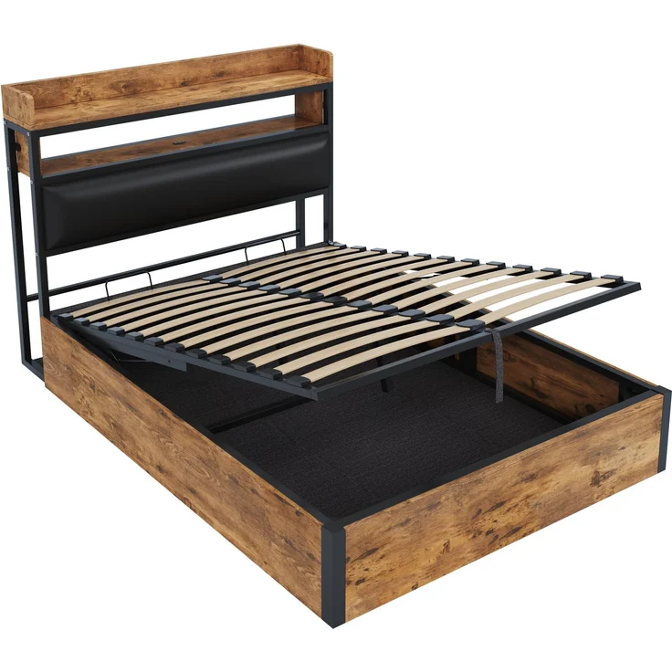 Bettrahmen 140x200 cm mit hydraulischer Hebevorrichtung, USB-Ladestation, gepolstertem Kopfteil, Vintage-Design aus Holz und Metall, Schwarz – Bild 7