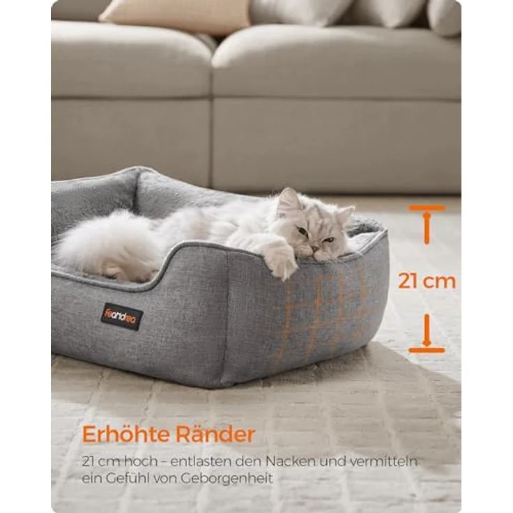 Feandrea Katzenbett, Hundebett, Hundekissen in Leinenoptik, erhöhte Ränder, rutschfeste Unterseite, Bezug abnehmbar waschbar, S, für Minihund, 60 x 50 x 21 cm, hellgrau PGW009G02 – Bild 5