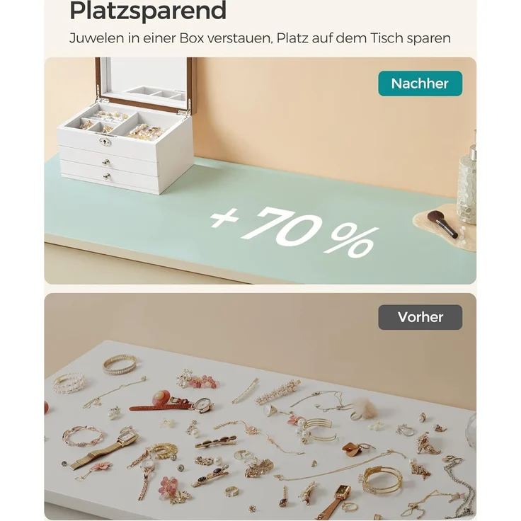 Songmics Schmuckkästchen mit großem Spiegel, abschließbar, MDF weiß-holzfarben, 15 x 17 x 25 cm – Bild 7