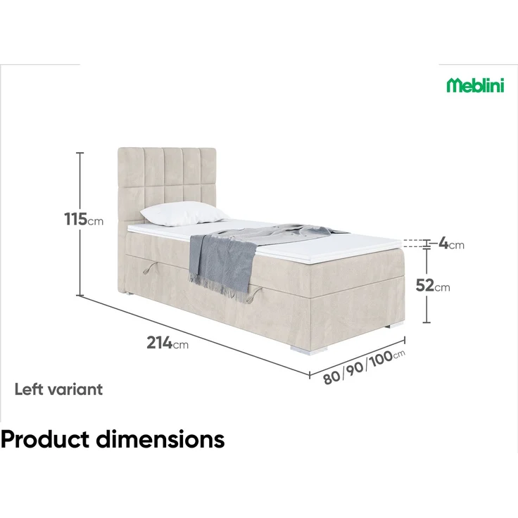 MEBLINI Boxspringbett LUKAS 90x200cm Links - H4/Beige Samt - mit Bettkasten - Gepolstert Einzelbett mit Topper & Taschenfederkern-Matratze – Bild 7