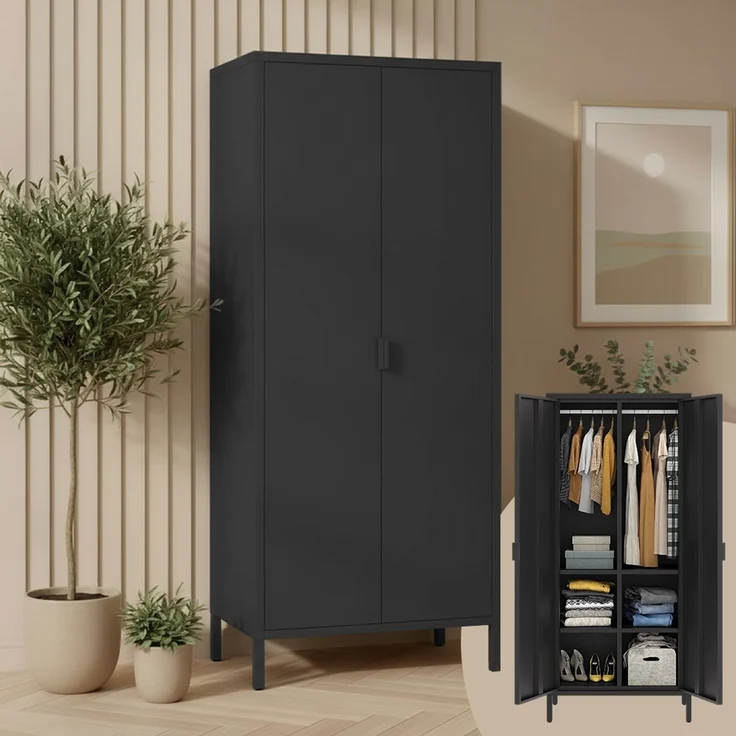 skølm 'Ituri' Kleiderschrank, Metall, 170x45x80 cm, schwarz, Garderobe mit 4 Fächern und 2 Kleiderstangen – Bild 1