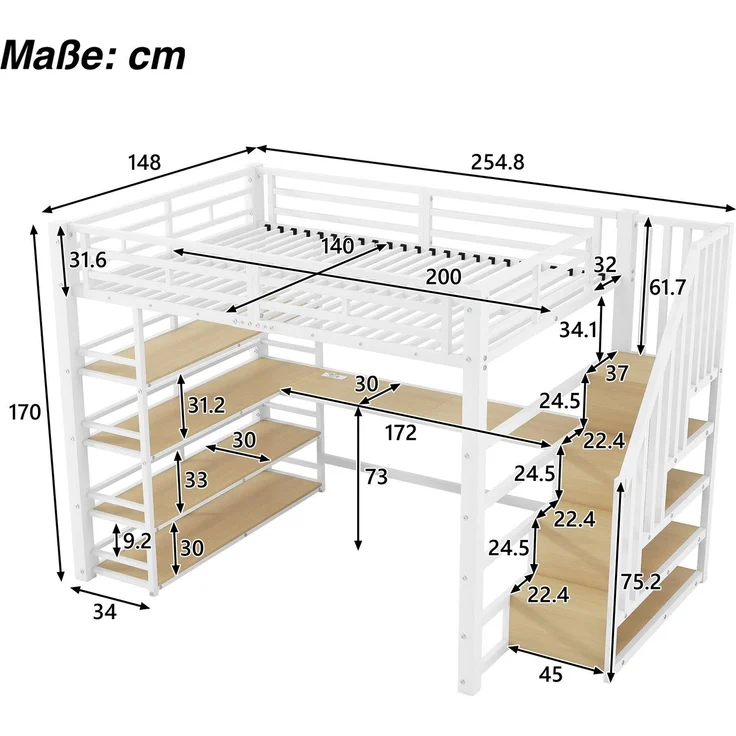Hochbett mit RGB LED-Streifen, Schreibtisch, Lattenrost, Regal und USB, Treppe mit Regal, 140x200 cm, Kinderbett mit Rausfallschutz, Metallbett – Bild 4