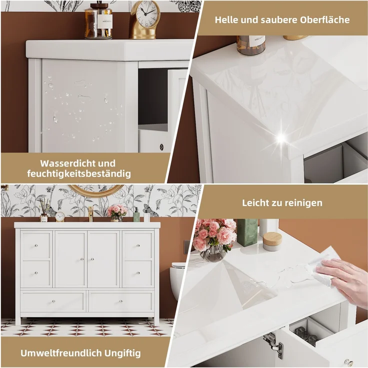 Waschtischunterschrank aus MDF mit Kunstharzbecken & Soft-Close, 120x50x86,5 cm, Weiß – Bild 6