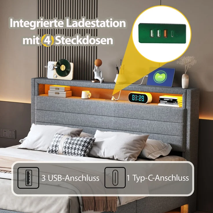 Polsterbett 140x200 cm mit LED-Licht, USB-Anschluss, hydraulischem Stauraum, drehbarem Kopfteil, Leinenstoff – Bild 4