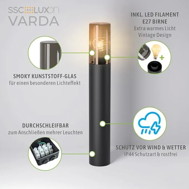 SSC-LUXon VARDA Pollerleuchte Außen, schwarz, LED E27 Vintage Filament, 50 cm, IP44 wetterfest – Bild 5