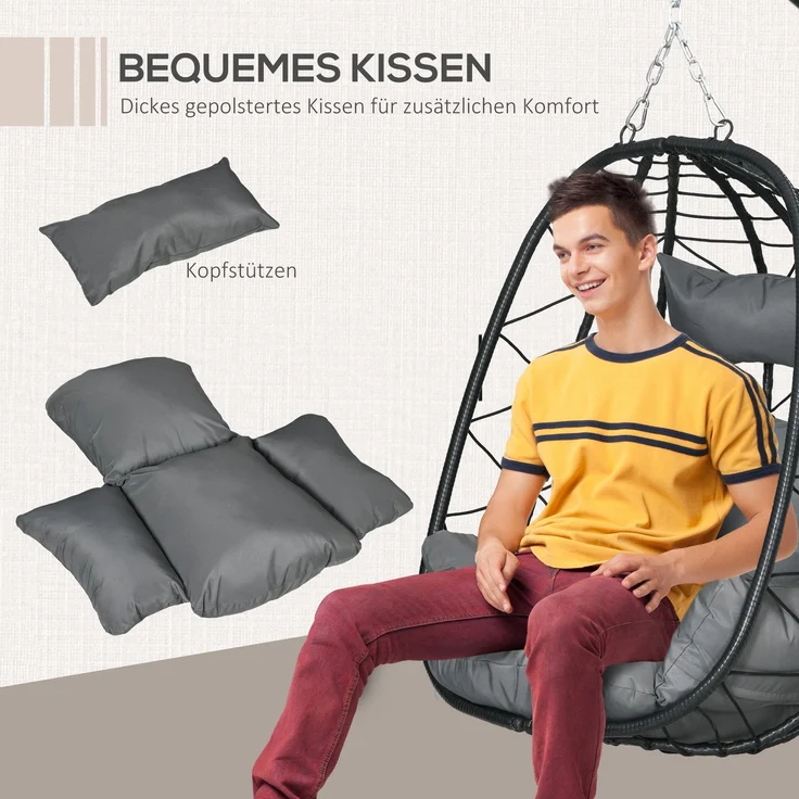 Hängesessel Rattan Hängestuhl 195 cm hoch mit Gestell Kissen und wasserdichter Abdeckung für Garten und Indoor bis 150 kg--Schwarz--102x102x195cm--YOUDENOVA – Bild 6