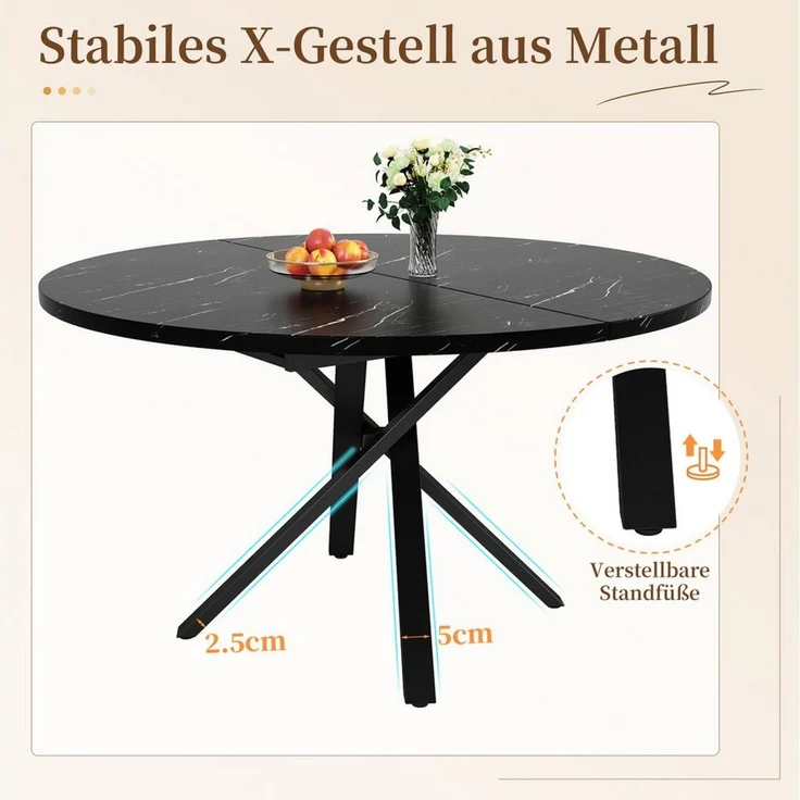 i@home Esstisch Runder Ausziehtisch (1 Tisch), (100 -140 cm) x 75,5 cm hoch, Mit robustem X-Metallgestell in Schwarz – Bild 2