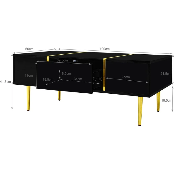 Couchtisch Schwarz Hochglanz mit Gold Akzenten,Sofatisch mit 2 Schubladen Stauraum – Bild 8