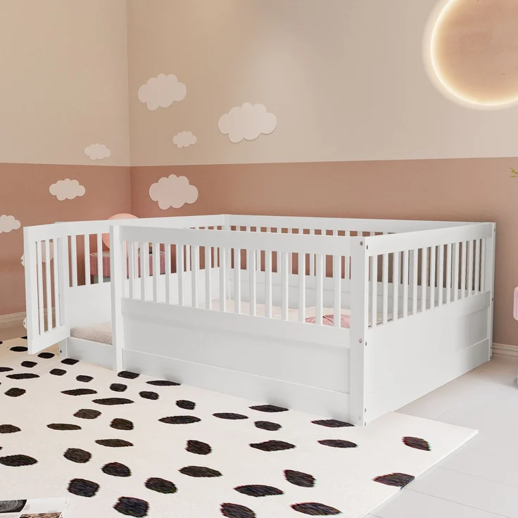 Kinder Bodenbett aus massivem Kiefernholz 140x200 cm mit Zaun & Tür,sicheres Spielbett,offenes Hausbett,Weiß – Bild 3