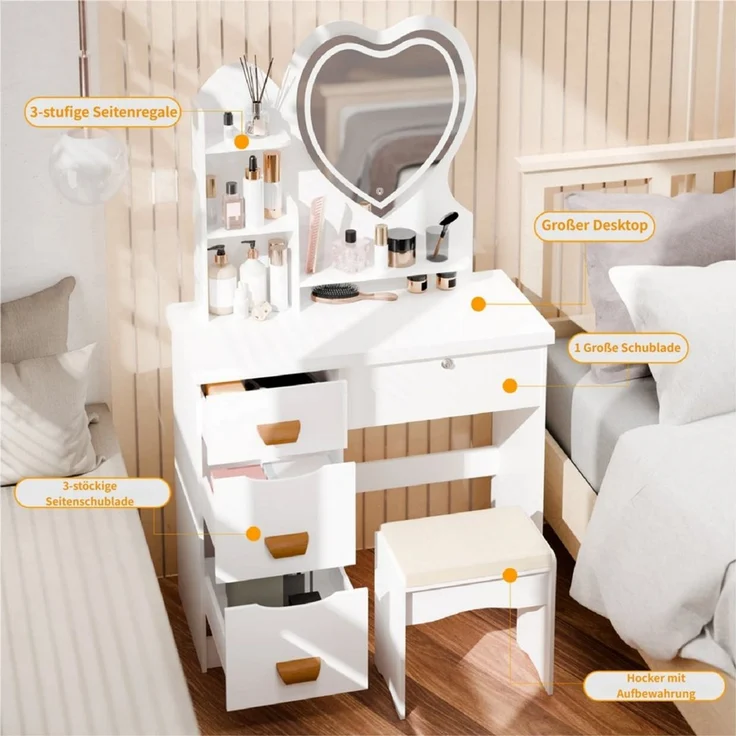 Rutaqian Schminktisch Schminktisch mit 3 Farblicht Herzspiegel, Schminktisch mit Stuhl, Sosmetiktisch mit 4 Schubladen & LED Spiegel, Inkl. Stuhl – Bild 3