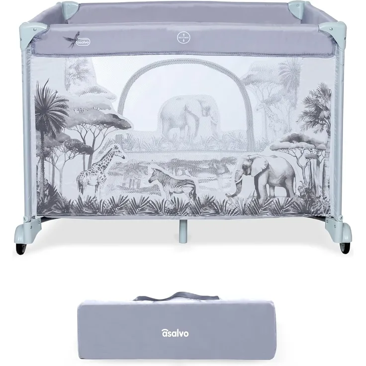 Asalvo Square Laufstall für Babys, quadratisch, faltbar, 93x93 cm, mit atmungsaktivem Netzstoff, Laufstall für Babys, Laufstall, gepolsterte Unterlage und Tragetasche, Grauwald