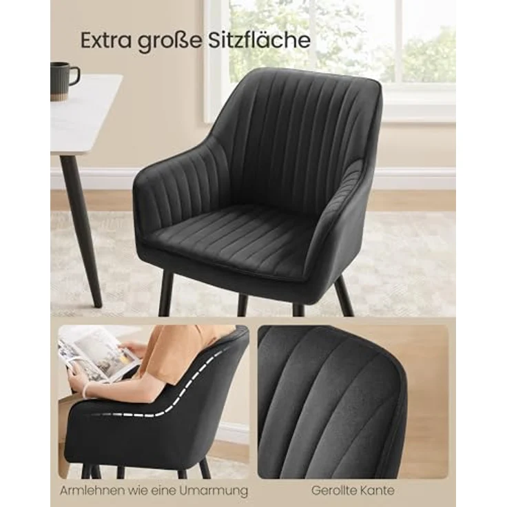 SONGMICS Esszimmerstuhl, 2er Set, Küchenstuhl, Sessel, Samt, Polsterstuhl mit Armlehnen, Loungesessel, bis 120 kg belastbar, Metallbeine, für Esszimmer, Küche, tintenschwarz LDC087B12 – Bild 6