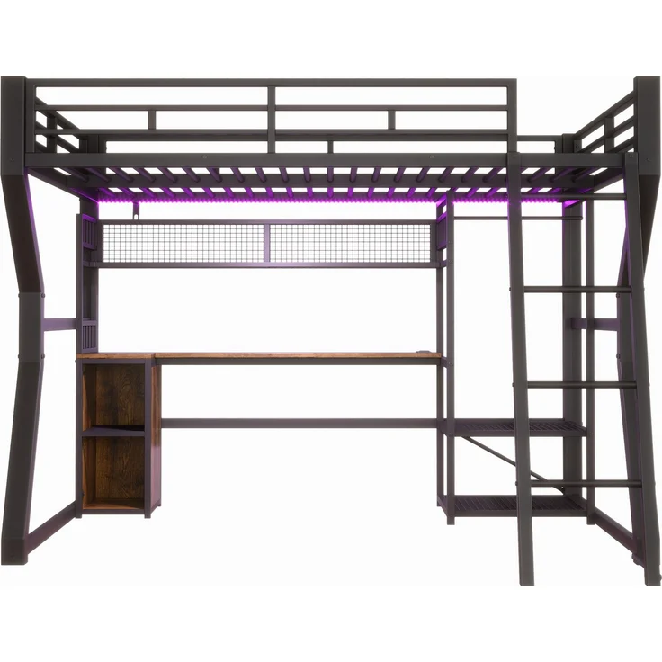 Hochbett, 140x200 cm, Eisenrahmen, mit Lichtleiste, Steckdose, Kleideraufhängebereich, Schreibtisch, Staufächer, Ablageböden, offener Raum unter dem Bett, ohne Matratze,Schwarz – Bild 10