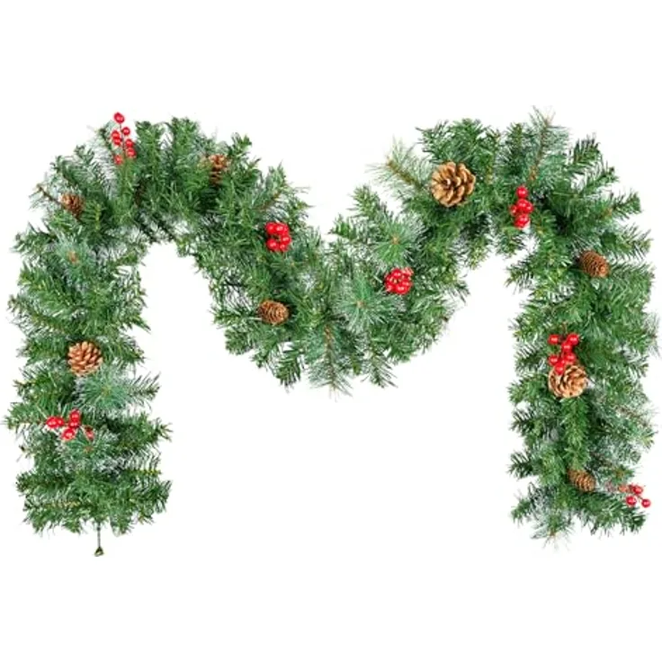 Tannengirlande Aussen Innen, Uten Künstlicher Weihnachtsgirlande 180cm Tannenzapfen und rote Beeren Weihnachtsdeko für Haustür, Treppe, Kamin