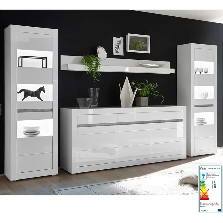 Lomadox Wohnwand COGO-61, (2-St), mit Vitrinen inkl. LED und Sideboard in weiß Hochglanz 369 x 198 x 42 cm – Bild 2