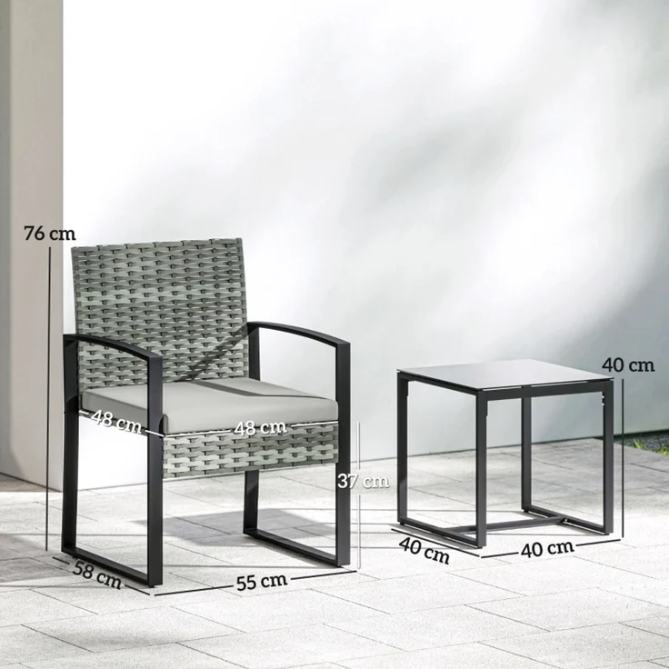 Rattan Bistroset, 3 teiliges Gartenmöbel-Set mit 2 Gartenstühlen, Couchtisch, abnehmbar Kissen Hellgrau – Bild 3
