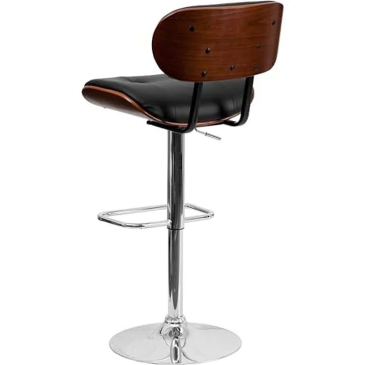 Flash Furniture Barhocker aus Walnussholz mit Verstellbarer Höhe und mit Knöpfen gestepptem schwarzem Vinyl-Polster – Bild 6