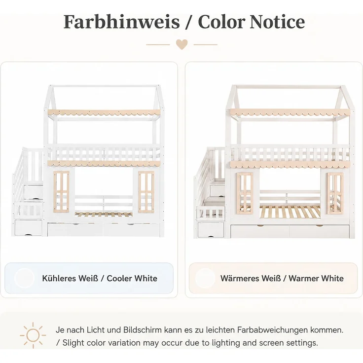 ZUBALIYA Etagenbett, Kinderbett, Hausform, Seitlicher Stauraumschrank mit Leiter, 2 Schubladen, Dekorative Holzfenster und Zierleisten, Kiefer+MDF, Weiß+Natur, 90x200 cm, Natur / Weiß – Bild 9