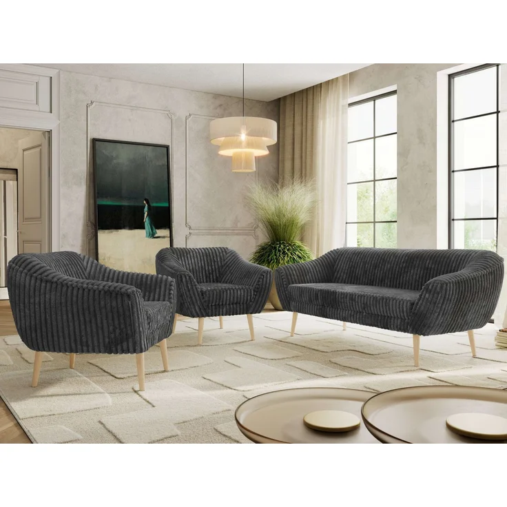 Wohnzimmerset PIRS 1-1-3, Skandinavisches 3-Sitzer Sofa mit Sesseln, Sofa mit Wellenfederung, Buche Füße, Skandinavisches Möbelset - Grau Cord – Bild 4