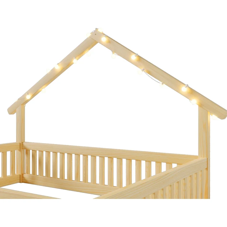 Bett 140x200 cm Hausbett aus Holz in Natur mit Sicherheitsgitter, LED-Lichterkette, ohne Matratze – Bild 8