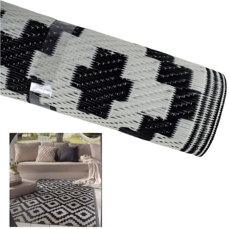 Outdoor Teppich 90 x 150 cm in geflochtener Strohoptik 100 % Polypropylen schwarz