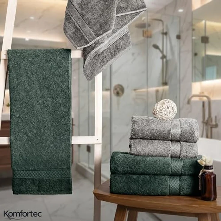 Komfortec 8er Handtuch Set aus 100% Baumwolle, 4 Badetücher 70x140 und 4 Handtücher 50x100 cm, Frottee, Weich,Groß, Anthrazit Grau/Dunkel grün – Bild 7