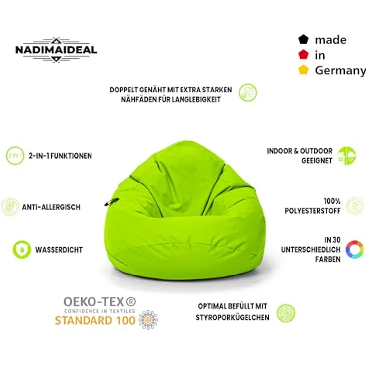 Nadimaideal Sitzsack Tropfenform Kastanie | Bodenkissen für Kinder & Erwachsene | Indoor & Outdoor | Gaming Sitzsack - Sitzkissen - Beanbag | Füllung EPS Perlen (Kiwi, XXL-Durchmesser 88 cm) – Bild 4