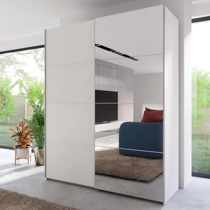 Forte Schach & MATT 2 Schrank 170, moderner Kleiderschrank 2-türig mit Spiegel, Schwebetürenschrank, Holzwerkstoff, Weiß, 170,3 cm breit x 210,5 cm hoch x 61,2 cm tief – Bild 1