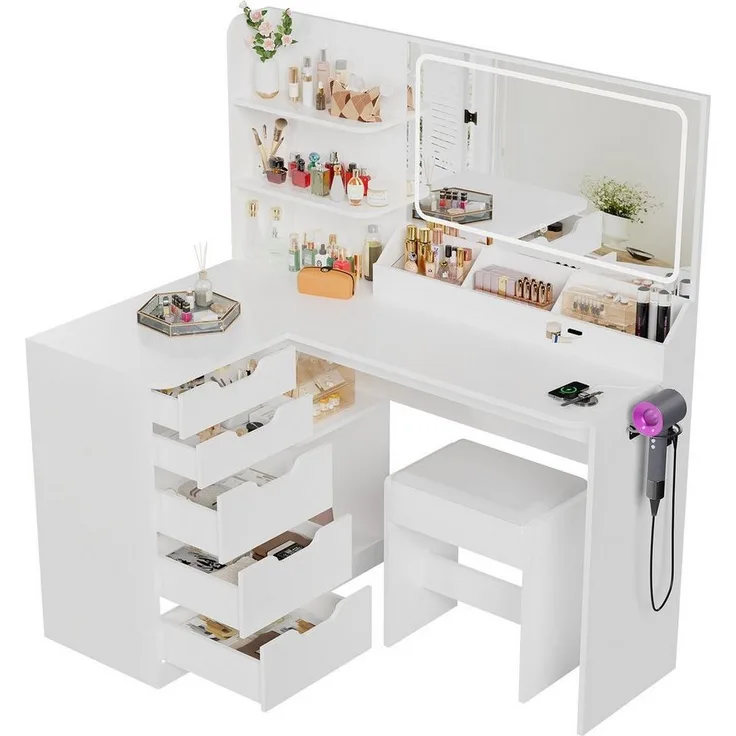 Furnicopia Schminktisch LED-Schminktisch mit großer Ablagefläche und Hocker (Abmessungen: 120 × 80 × 136 cm Ausstattung: 5 Schränke, 8 Staufächer Ausgestattet mit: 2 Steckdosen + 2 USB-Anschlüsse Enthält: Föhnhalterung)
