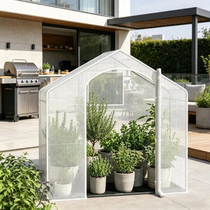 Wohnora-Terrasse Gewächshaus,Gewächshaus mit Roll-Up Bogen Reißverschlusstür,Pflanze Winterzelt,Gewächshaus im Freien,H 200cm x T 200cm x B 80cm,Weiß – Bild 3
