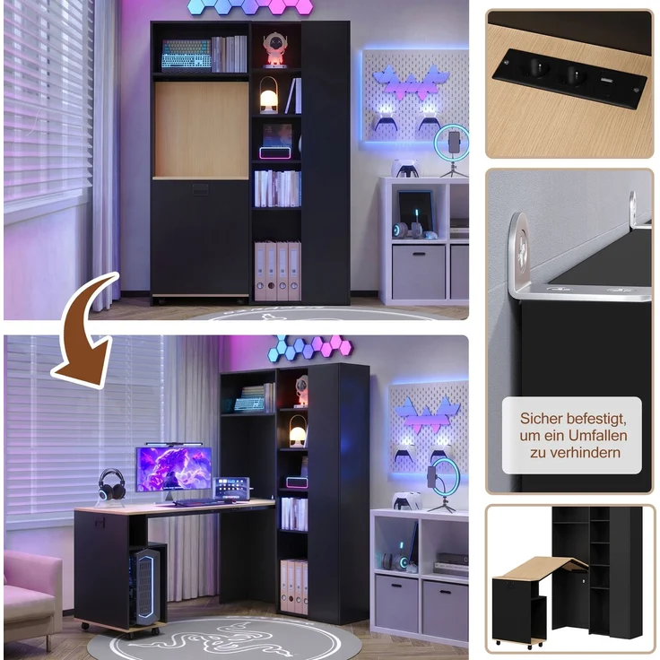 Klappschreibtisch mit Regal, USB-Anschluss & verstellbaren Ablagen, 104,5x30,5x160 cm, Schwarz/Eiche – Bild 8