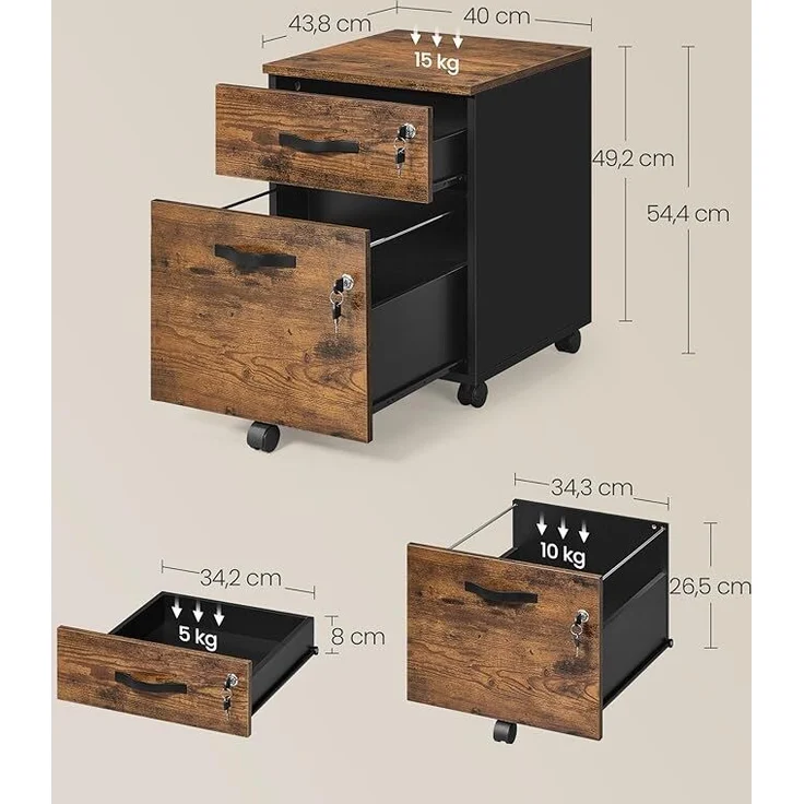 VASAGLE Rollcontainer, abschließbar, Aktenschrank mit 2 Schubladen, 5 Rollen und verstellbarer Hängeregistratur, strukturierte Oberfläche, für Dokumente im A4- und Letter-Format, vintagebraun-tintenschwarz LCD022K01 – Bild 3
