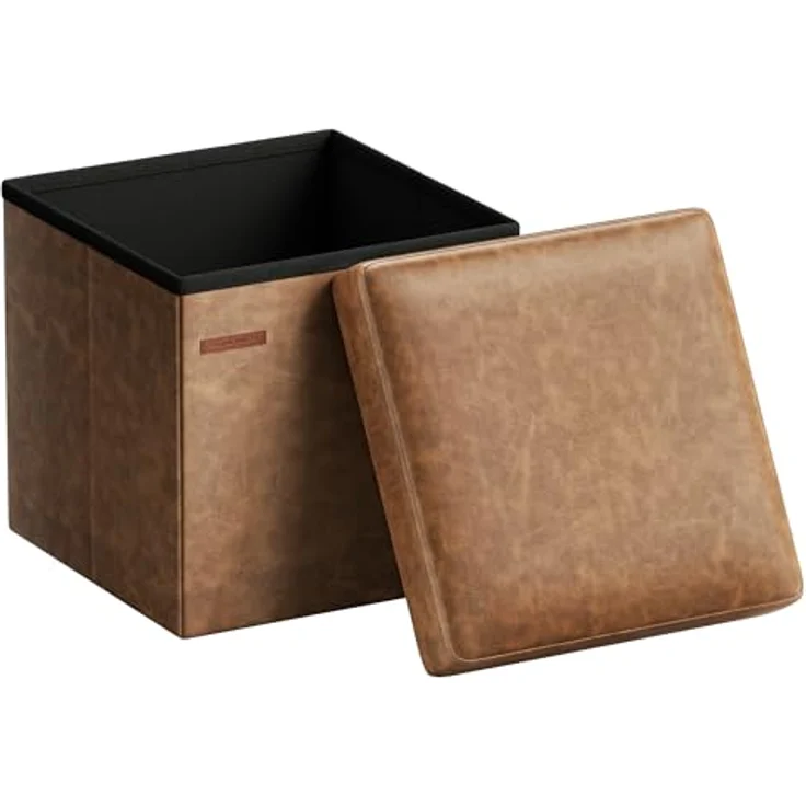 Songmics Sitzhocker 38 cm, Aufbewahrungsbox faltbar, Fußhocker mit Deckel, aus Kunstleder, bis 300 kg belastbar, für Eingang, Wohnzimmer, Schlafzimmer, kaffeebraun LSF010K01 – Bild 2