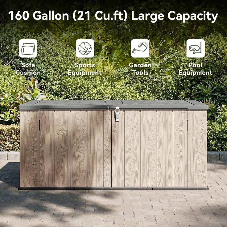 Aoxun Gartenbox aus Harz 600L,Auflagenbox Wasserdicht Außenmaße:142 x 67 x 63 cm,Wetterfest,Abschließbar,Braun – Bild 5