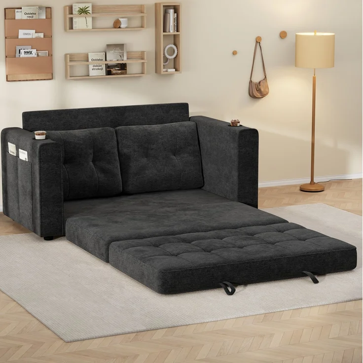 Schlafsofa, Chenille, 3-fach ausziehbar mit Getränkehaltern, 141x79x93 cm, Grau – Bild 1
