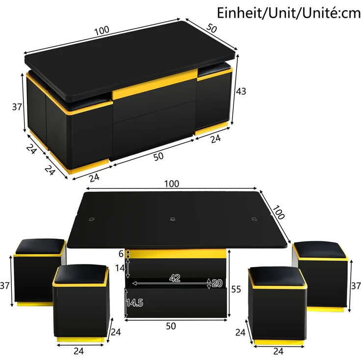 EINHOM Moderner Schwarzer Hochglanz-Couchtisch, Stilvoller Beistelltisch, Multifunktionaler, Höhenverstellbarer Couchtisch, Klappbarer Esstisch/Wohnzimmermöbel, 100 x 50 x 43 cm (L x B x H) – Bild 2
