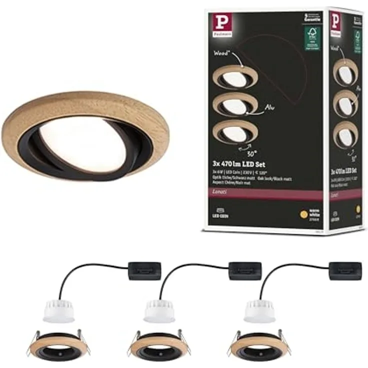 Paulmann 92237 LED Einbauleuchte Lanati 3er-Set schwenkbar 2700K Holzoptik Schwarz