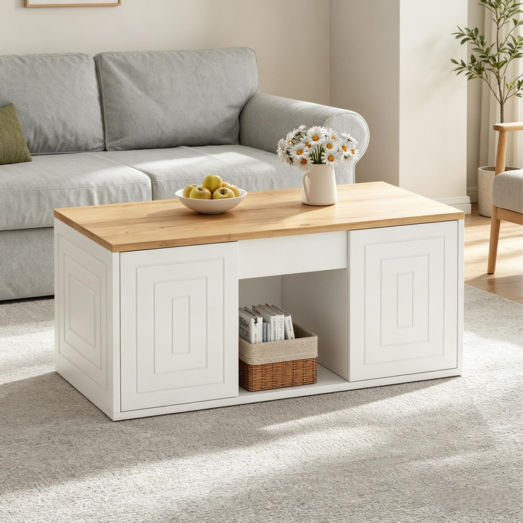 DESVIAE Couchtisch höhenverstellbar mit 2 Schranktüren 95x46x45 cm Spanplatte Weiß/Naturholz – Bild 3