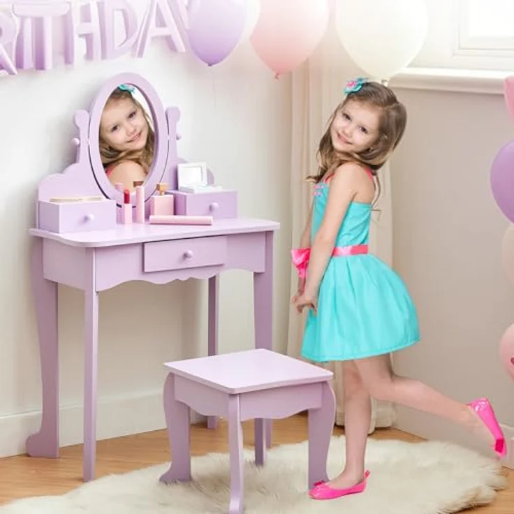 GarveeLife Schminktisch für Kinder, Schminktisch für Mädchen mit Spiegel, Hocker, Schublade, Aufbewahrungsboxen, für Kinder von 3 bis 6 Jahren, Violett – Bild 7