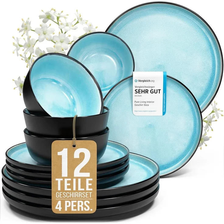 Steingut Geschirrset 4 Personen Ibiza 12 tlg. TESTSIEGER, Hochwertiges Mediterranes Steingut Geschirr Set, Schüssel- und Teller Set, Tafelservice 4 Personen, Geschirrsets Pure Living in Aquamarin – Bild 1