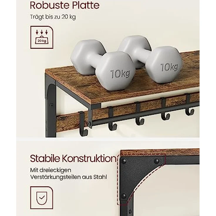 VASAGLE Wandgarderobe, mit Ablage, Wandregal mit 10 abnehmbaren Haken, Hängeregal, Wandmontage, 2 Garderobenleisten, Kleiderstange, für Flur, Schlafzimmer, Badezimmer, vintagebraun-schwarz LCR201B01 – Bild 5