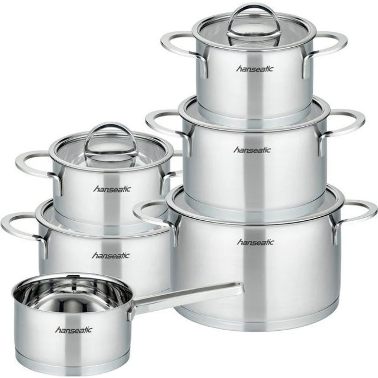 Hanseatic Topf-Set hanseatic, Edelstahl 18/10 (Set, 11-tlg, Fleischtopf 16/20/24 cm, Bratentopf 16/20 cm, Stielkasserolle 16 cm), handfreundliche Kaltmetallgriffe, Literskala, Glasdeckel, Induktion – Bild 4