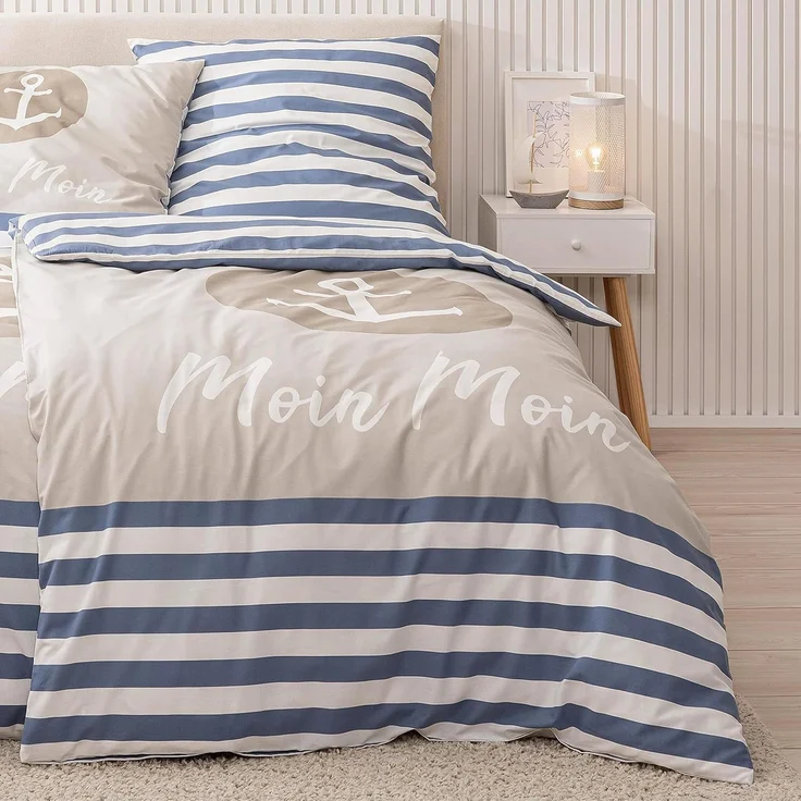 MTOnlinehandel Bettwäsche Moin Moin, 100 % Baumwolle, ideal als Partnerbettwäsche, Renforcé, 4 teilig, maritime Anker Bettwäsche gestreift – Bild 5