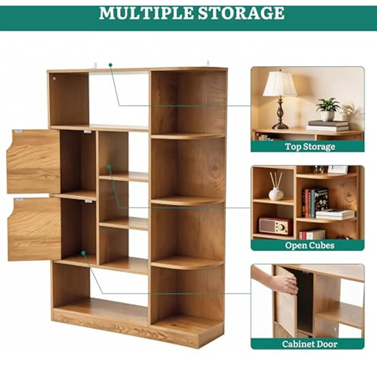 YITAHOME Freistehendes Bücherregal mit 9 offenen Regalböden und 2 Türen (Stoffbezug) für Wohnzimmer, Schlafzimmer, Büro, Eichenfarbe, 80 × 24 × 120 cm (B × T × H) – Bild 5