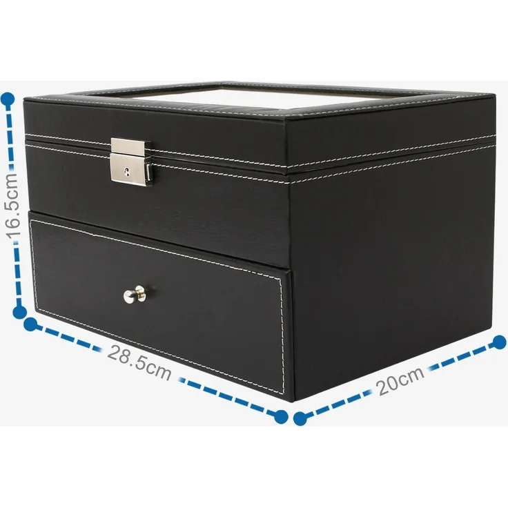 Todeco - Uhrbox, Uhr und Armband Aufbewahrung - Material der Box: MDF - Kissenmaterial: Samt - 20 Uhren mit Schublade und Display, Schwarz/Beige – Bild 6