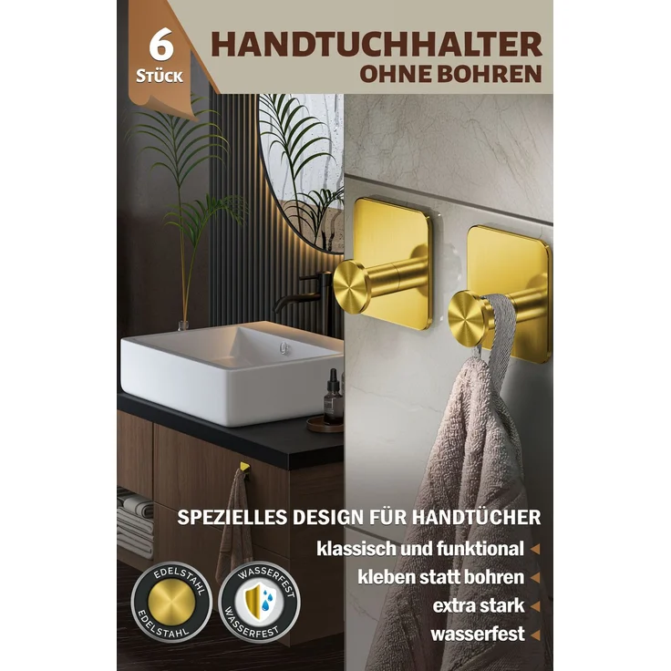 Lindenstein Wandhaken 6er-Set Gold – Edelstahl V2A, 3M-Pads, ohne Bohren – Bild 2