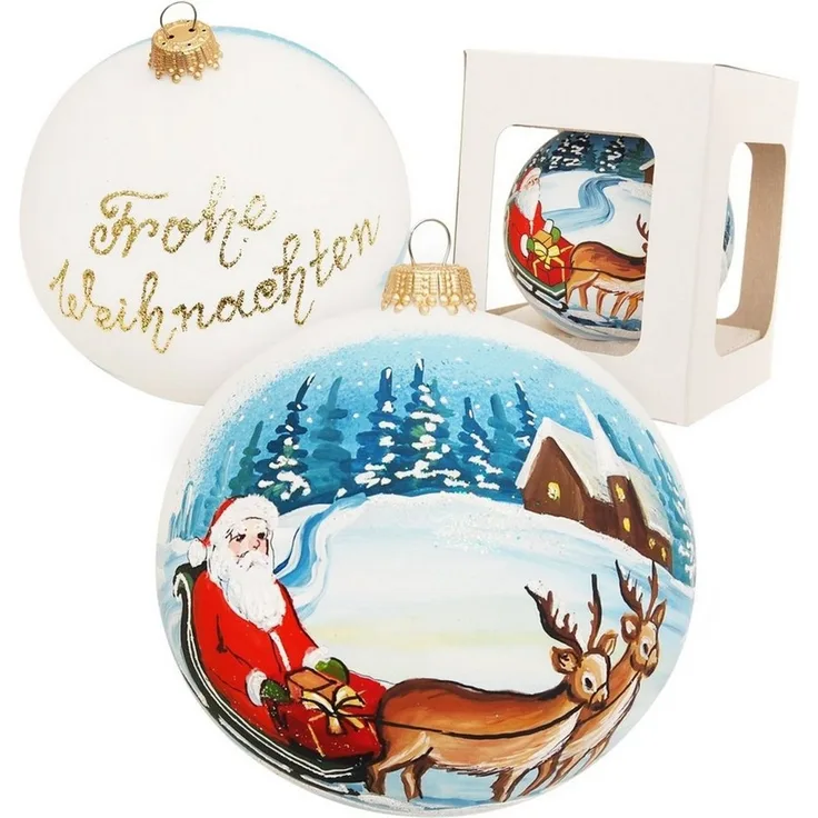 Krebs Glas Lauscha Weihnachtsbaumkugel Weihnachtskugel Weihnachtsmann auf Schlitten Weiß 10cm (1 St), Glas