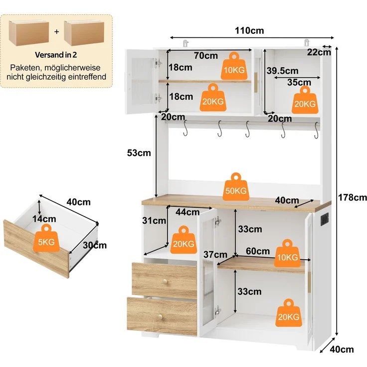 178 cm Küchenschrank, Hochschrank mit LED, Küchenregal mit Steckdose, Vitrine mit Türen aus gehärtetem Glas, Weinregal, Weiß mit Holzoptik verstärkter Arbeitsplatte--Natur + Weiß--110x40x178cm--YOUDENOVA – Bild 3