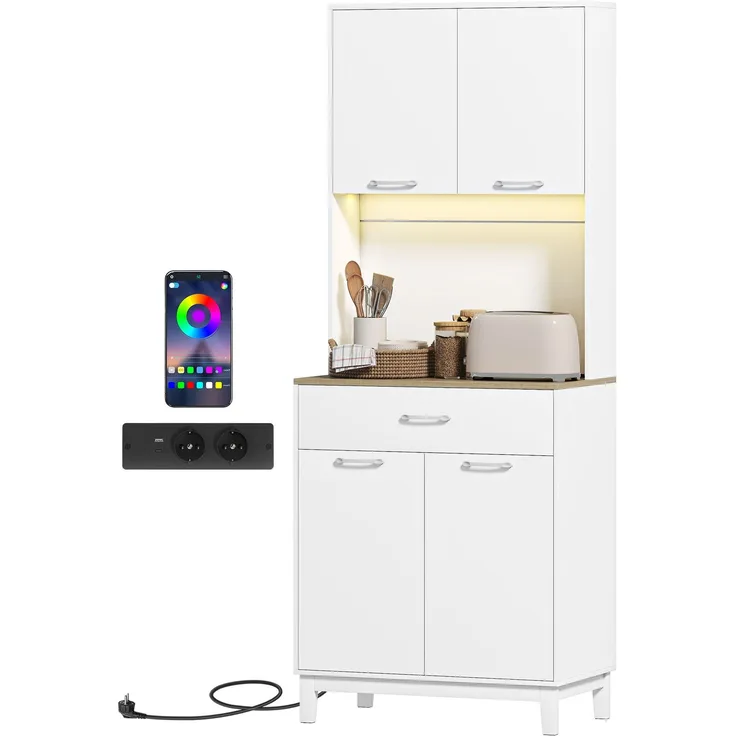 JARDJ Hohes Küchenbuffet mit LED-Beleuchtung und Ladestation, Küchenschrank mit 4 Türen, Schublade und Arbeitsplatte, weiß